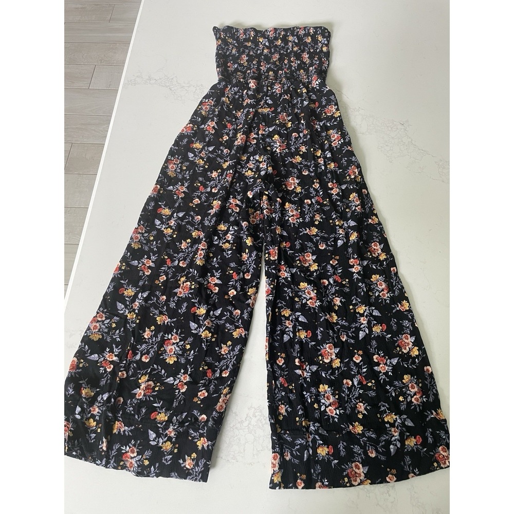 SO Juniors Floral Strapless‎ Jumpsuit Smocked Wide Leg Black Medium Boho Summer